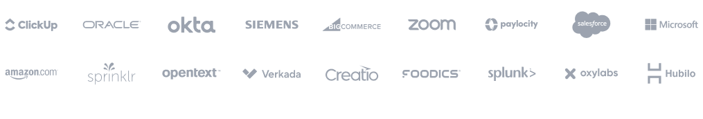 Logos of companies that manage work with Globalevel, including Oracle, Okta, Siemens, Microsoft, Salesforce and Zoom