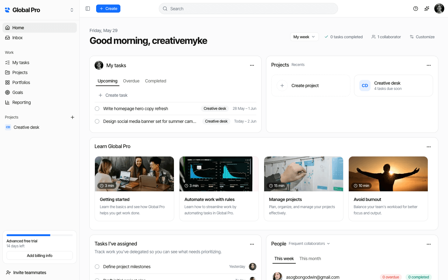 Globalevel dashboard showing tasks, projects and recent activity