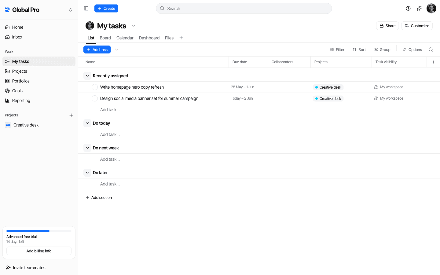 Globalevel My tasks list with custom fields and sections